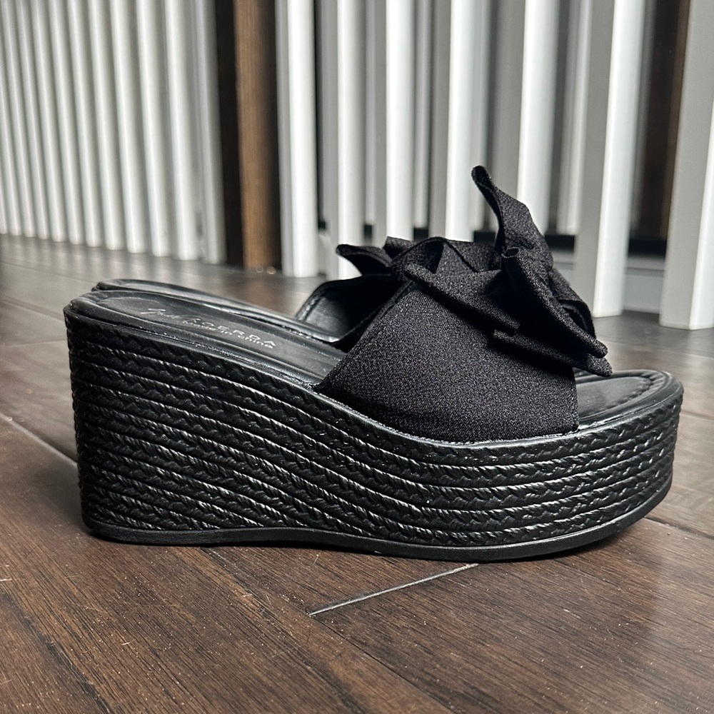 Black Wedge Slide Sandals with Bow Accent - Picture 1 of 3